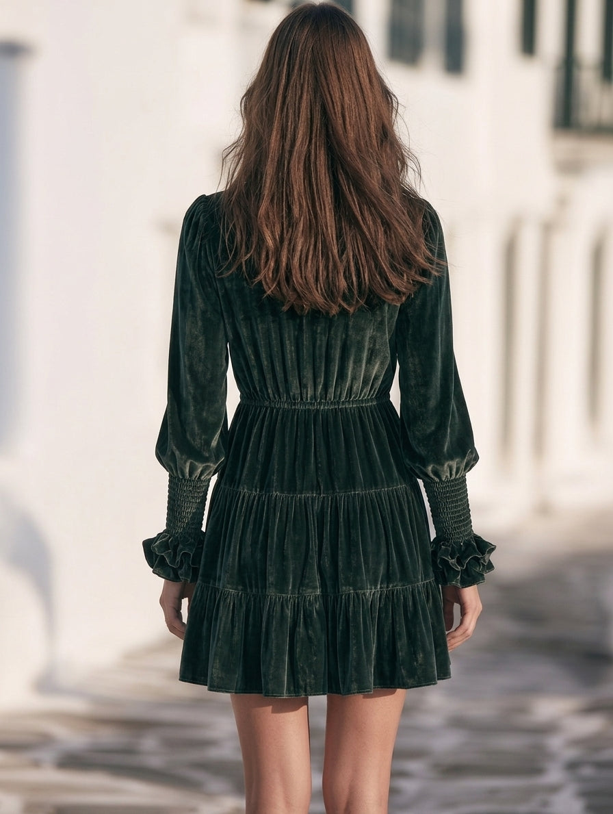 Romantic Old Money Dark Green Velvet Tiered Mini Dress