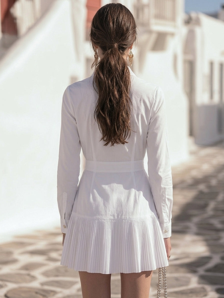 Chic Riviera White Pearl Button Pleated Shirt Mini Dress