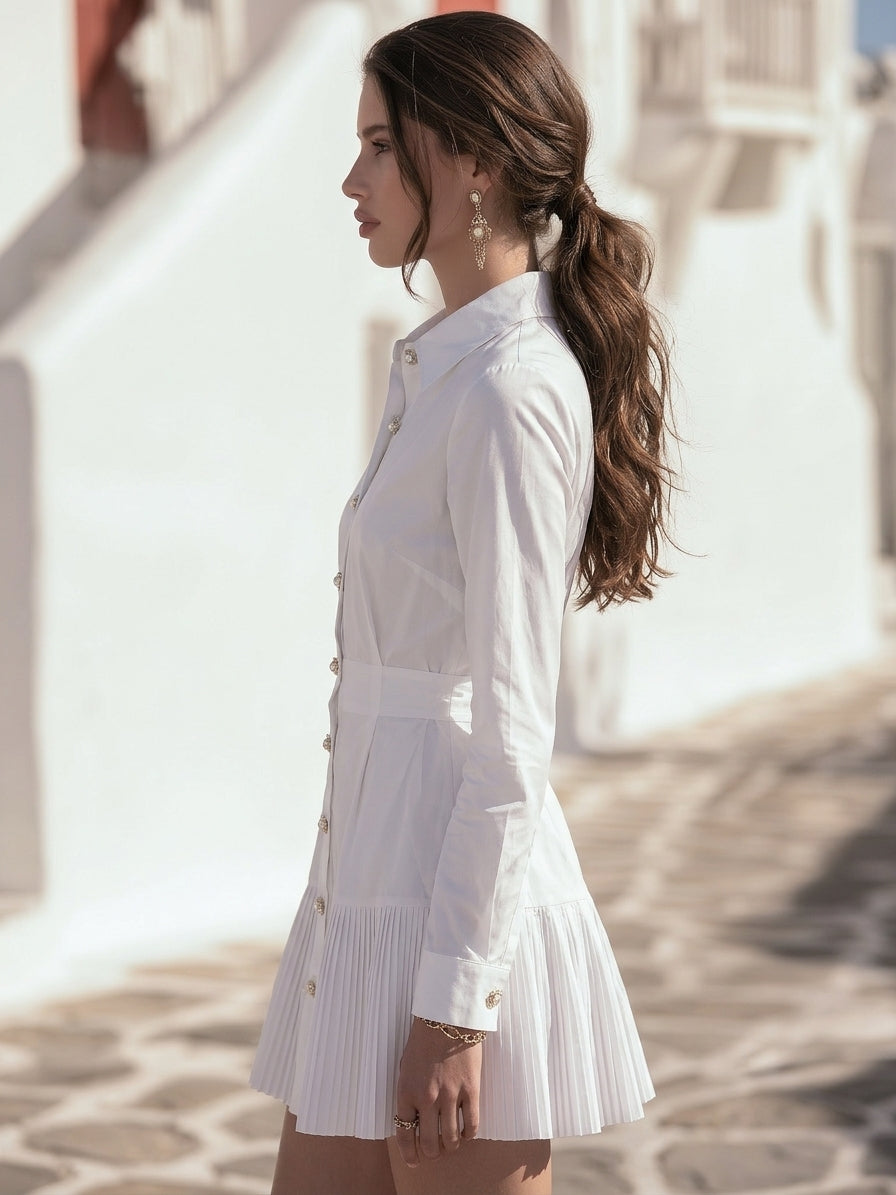 Chic Riviera White Pearl Button Pleated Shirt Mini Dress