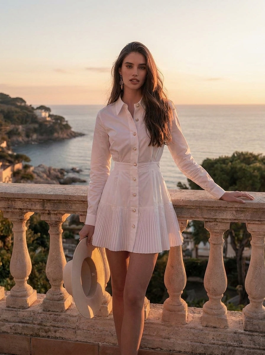 Chic Riviera White Pearl Button Pleated Shirt Mini Dress