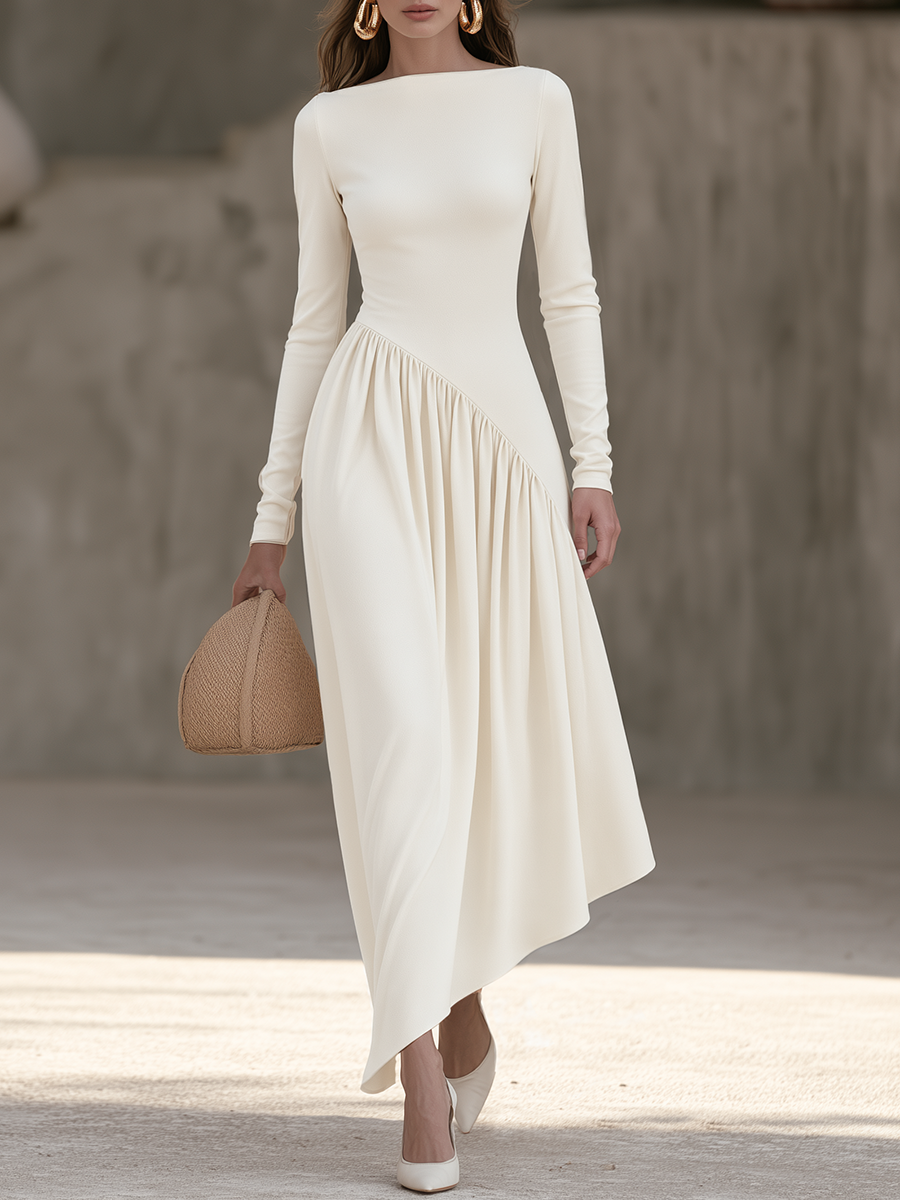 Elegant Boat Neck Asymmetric Gathered Skirt Cream White Maxi Dress