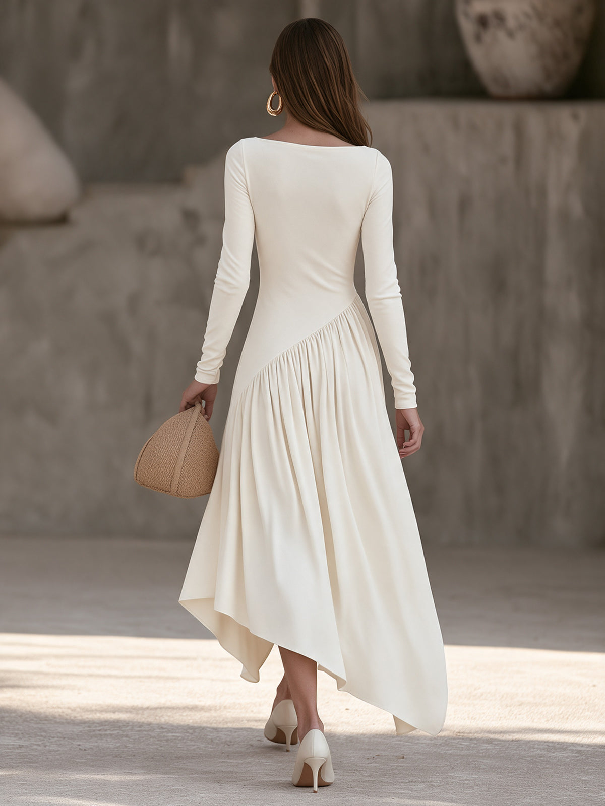 Elegant Boat Neck Asymmetric Gathered Skirt Cream White Maxi Dress