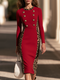 Vintage-Chic Double-Breasted Leopard-Print Paneled Red Midi Dress