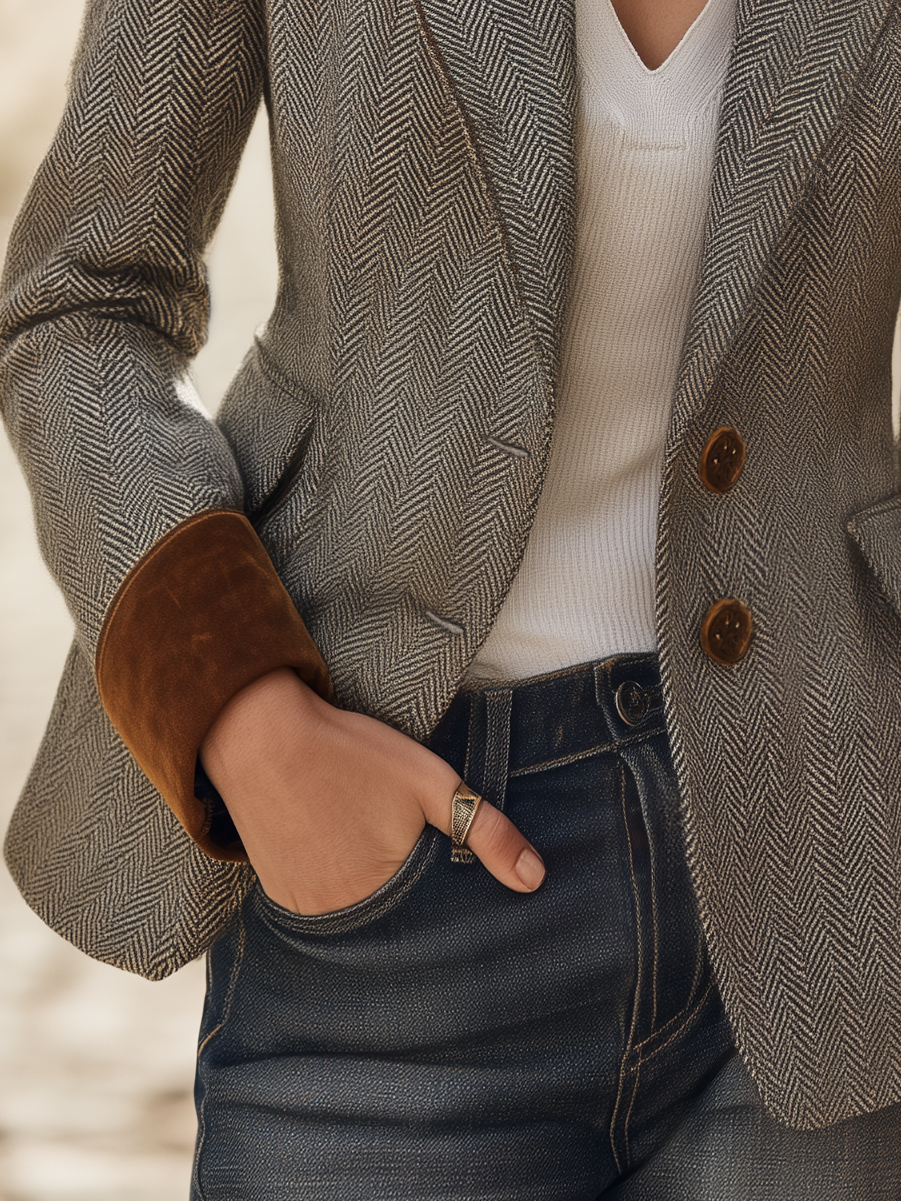 Retro Herringbone Single-breasted Blazer