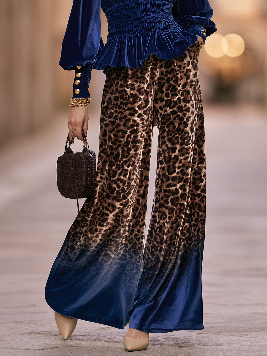 Vintage-style Ruffled Top And Leopard-print Ombre Wide-leg Trousers Blue Velvet Set