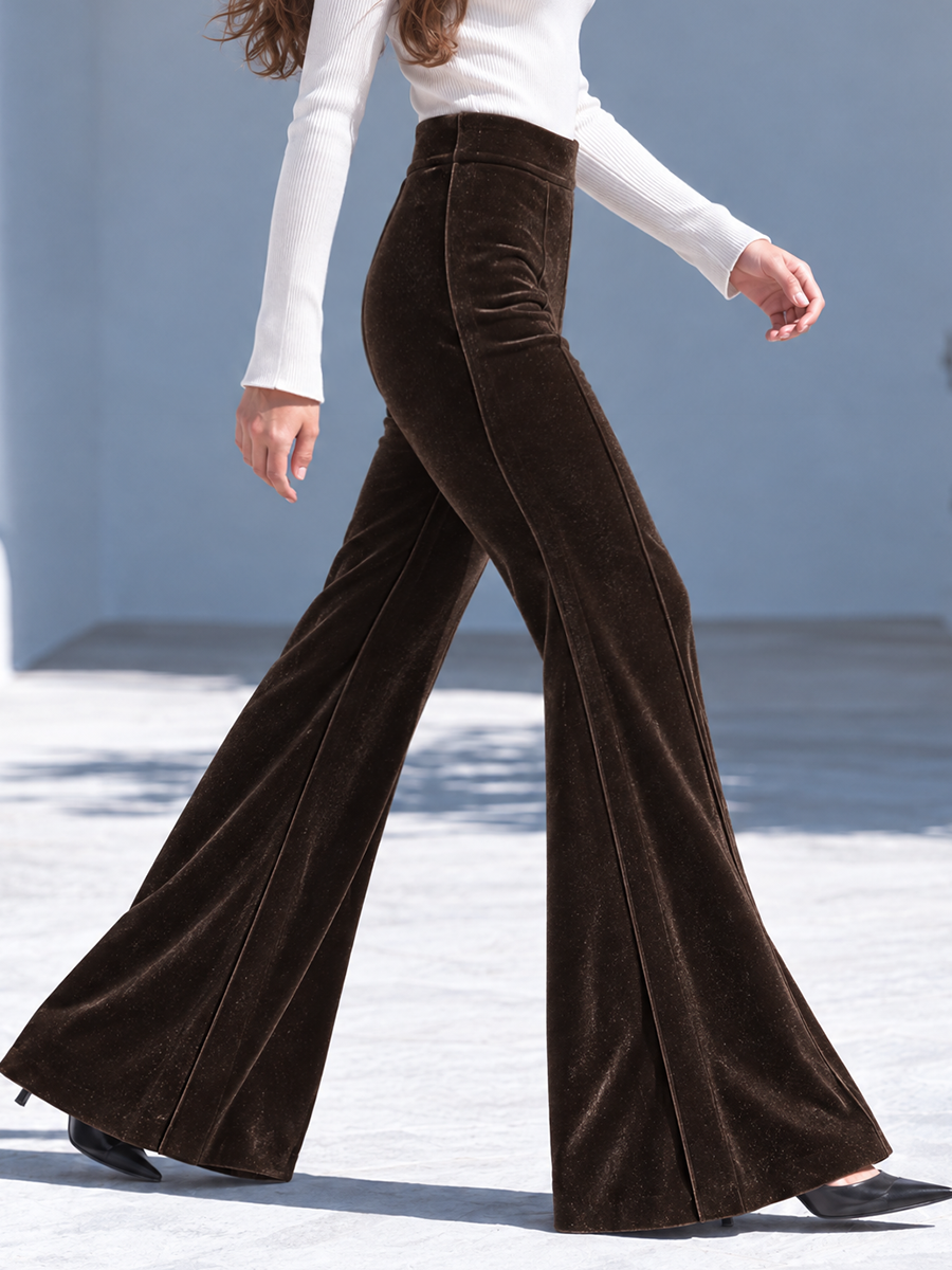 Luxury Dark Brown Velvet High Waist Flared Pants