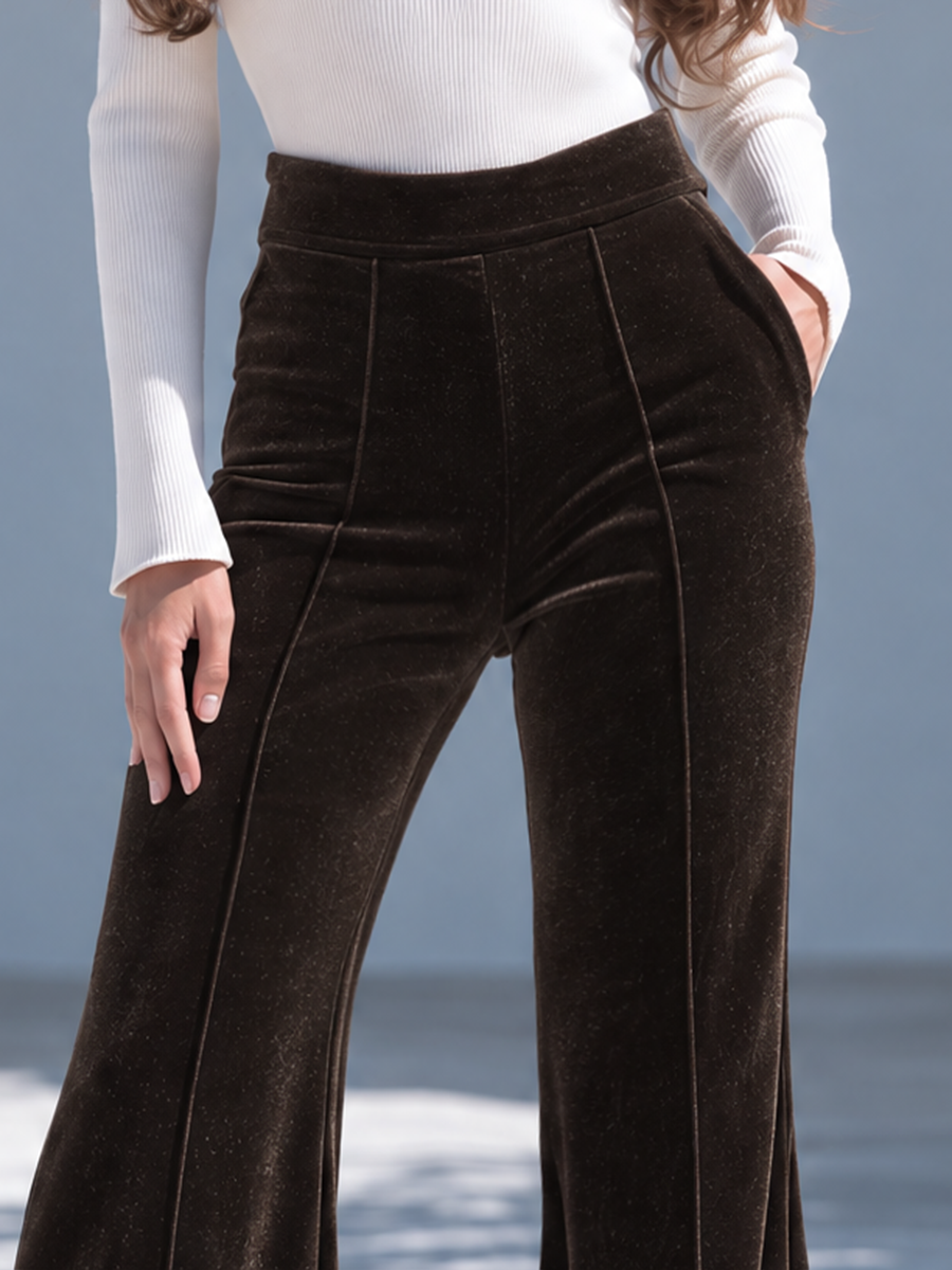 Luxury Dark Brown Velvet High Waist Flared Pants