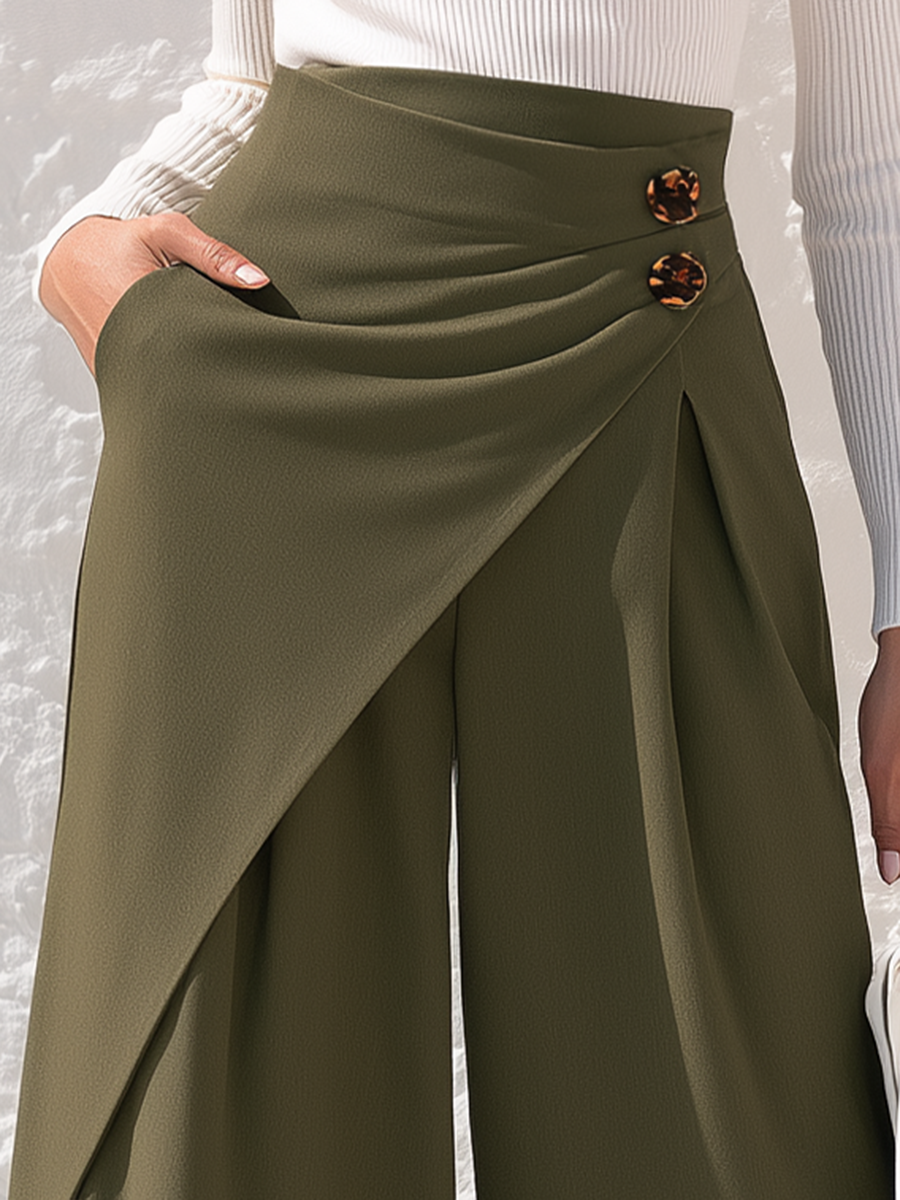 Olive Green Asymmetrical Wrap High-Waist Wide-Leg Pants