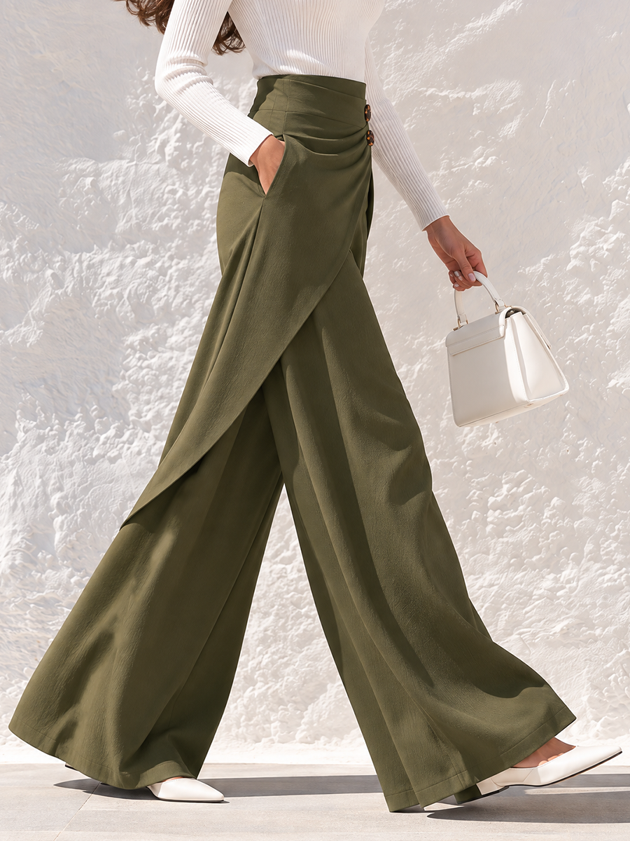 Olive Green Asymmetrical Wrap High-Waist Wide-Leg Pants