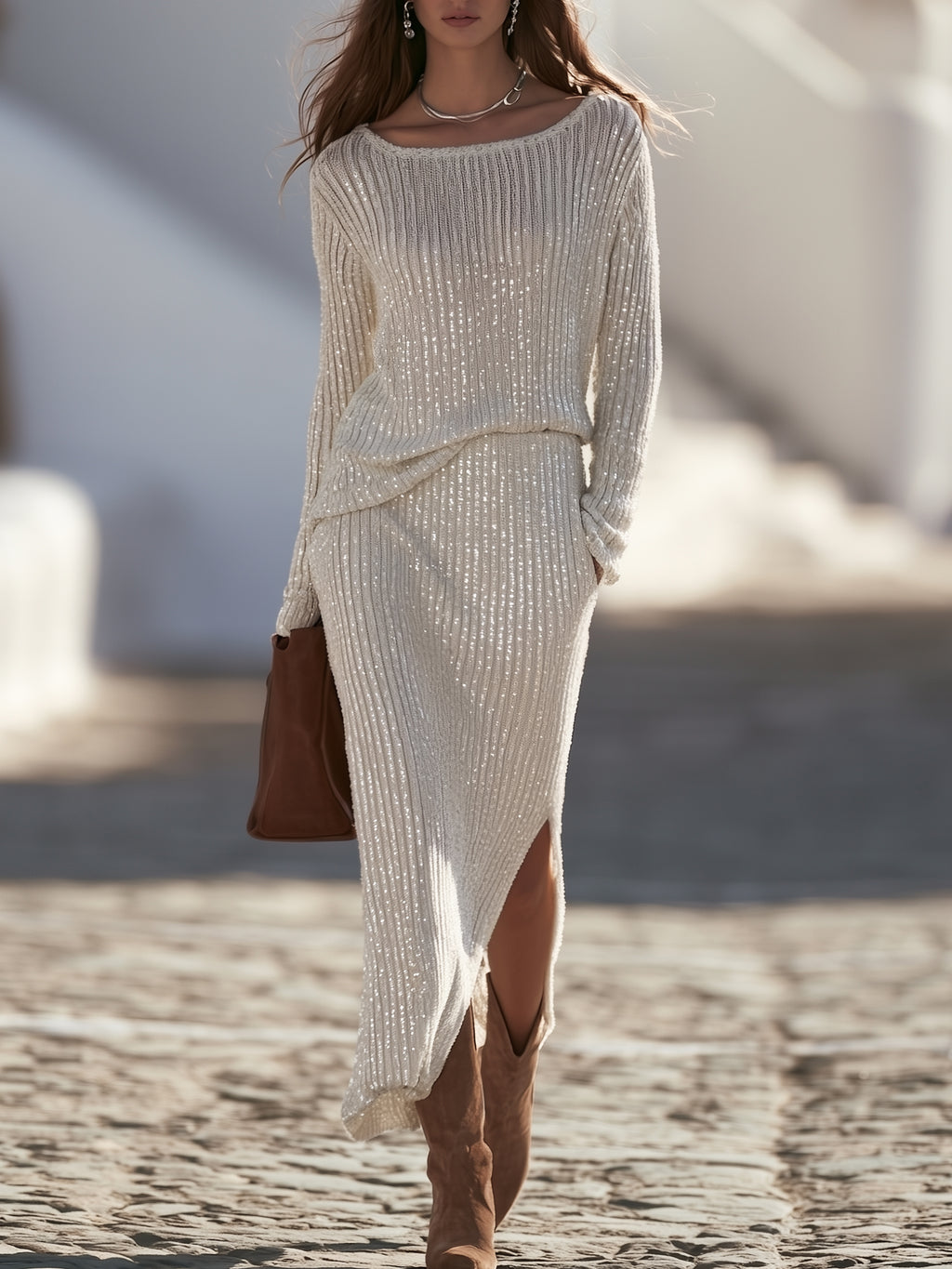 Relaxed Luxe Off White Sequin Rib Knit Two Piece Skirt Set