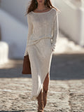 Relaxed Luxe Off White Sequin Rib Knit Two Piece Skirt Set