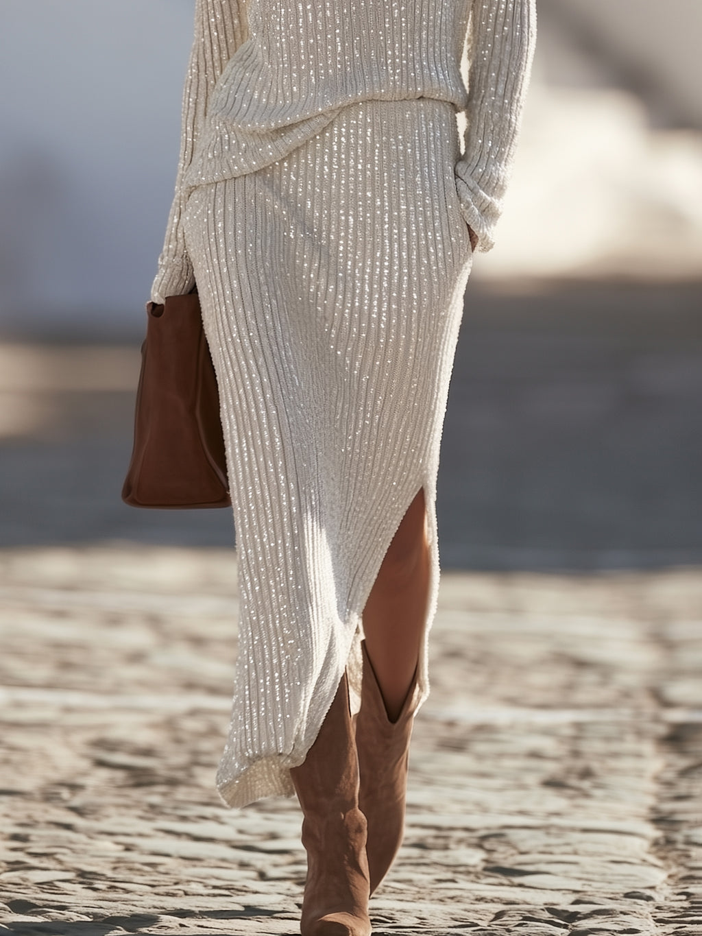Relaxed Luxe Off White Sequin Rib Knit Two Piece Skirt Set