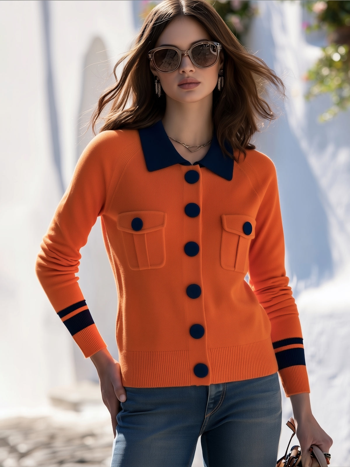 Preppy Casual Orange Navy Contrast Collar Knit Cardigan
