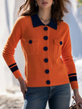 Preppy Casual Orange Navy Contrast Collar Knit Cardigan
