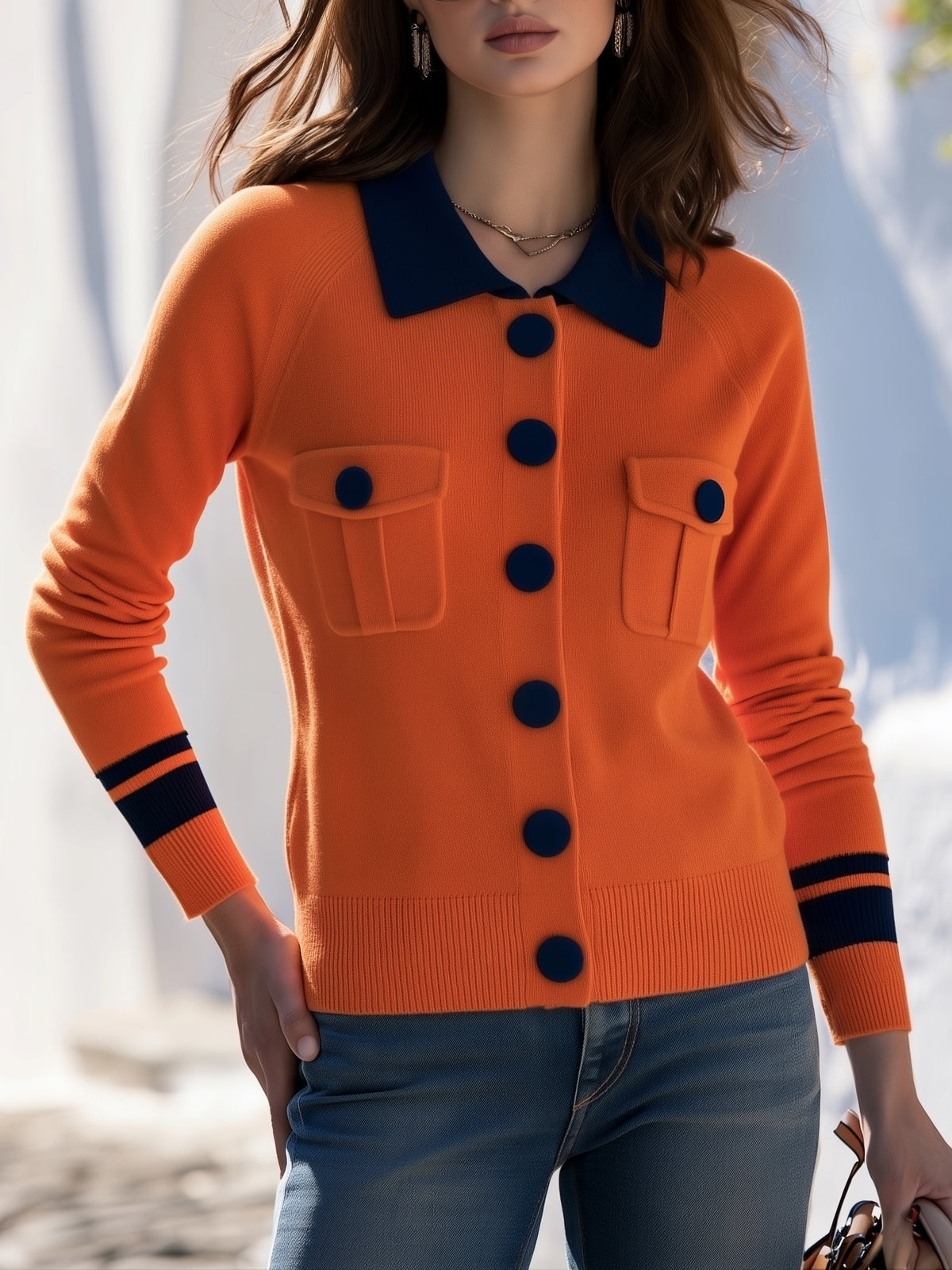 Preppy Casual Orange Navy Contrast Collar Knit Cardigan