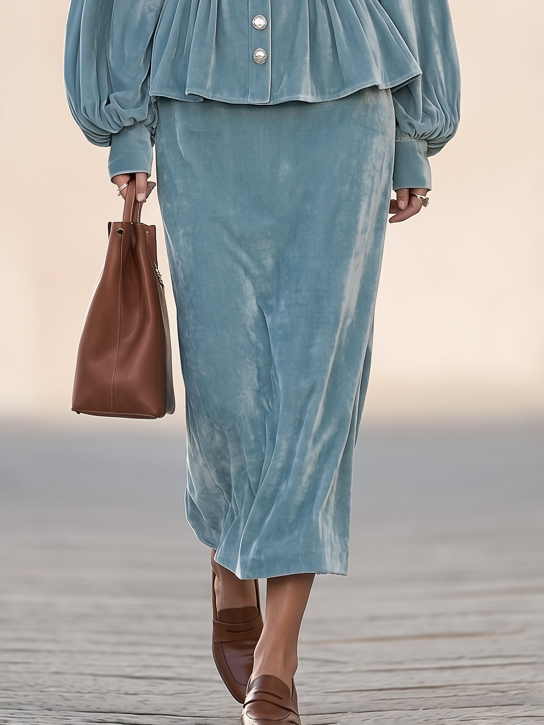 Elegant Vintage Dusty Blue Velvet Peplum Skirt Two Piece Set