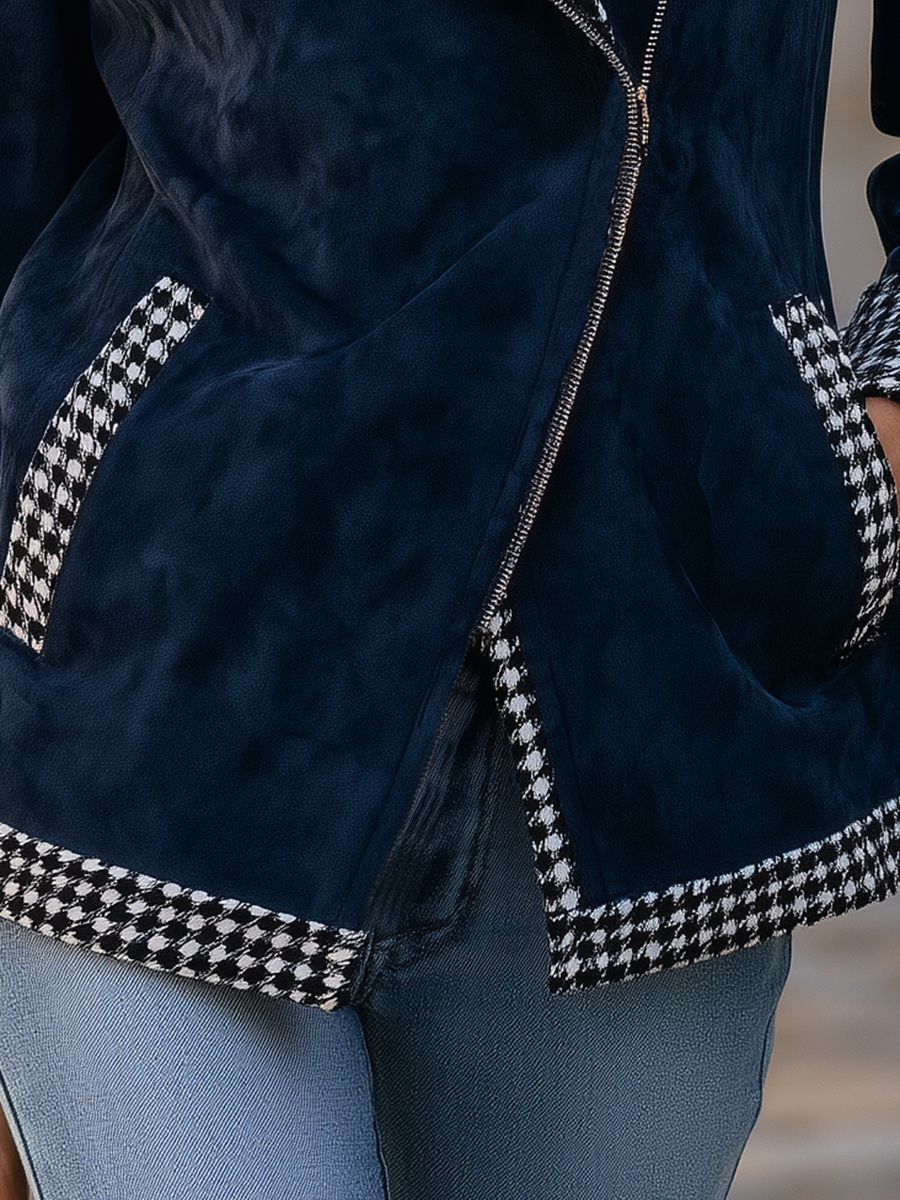 Resort-style HoundStooth Collared Long-sleeved Jacket