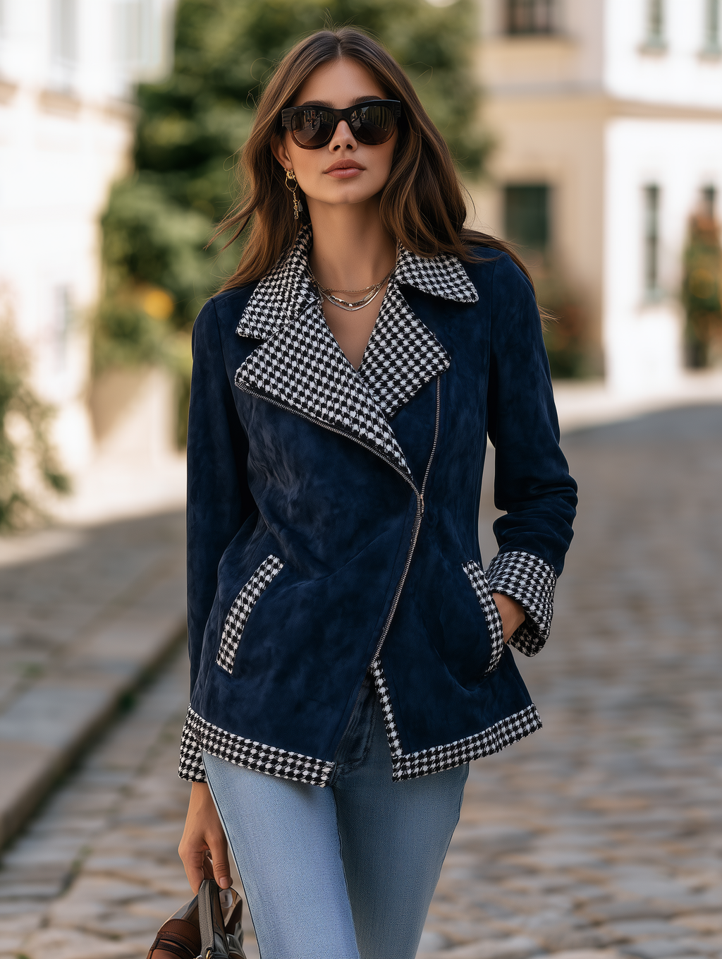 Resort-style HoundStooth Collared Long-sleeved Jacket