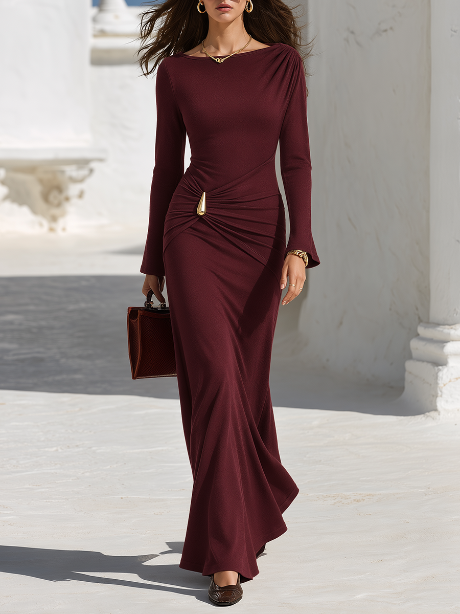 Resort-style Boat Neck Long-sleeved Pleated Solid Color Maxi Dress
