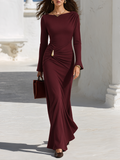 Resort-style Boat Neck Long-sleeved Pleated Solid Color Maxi Dress