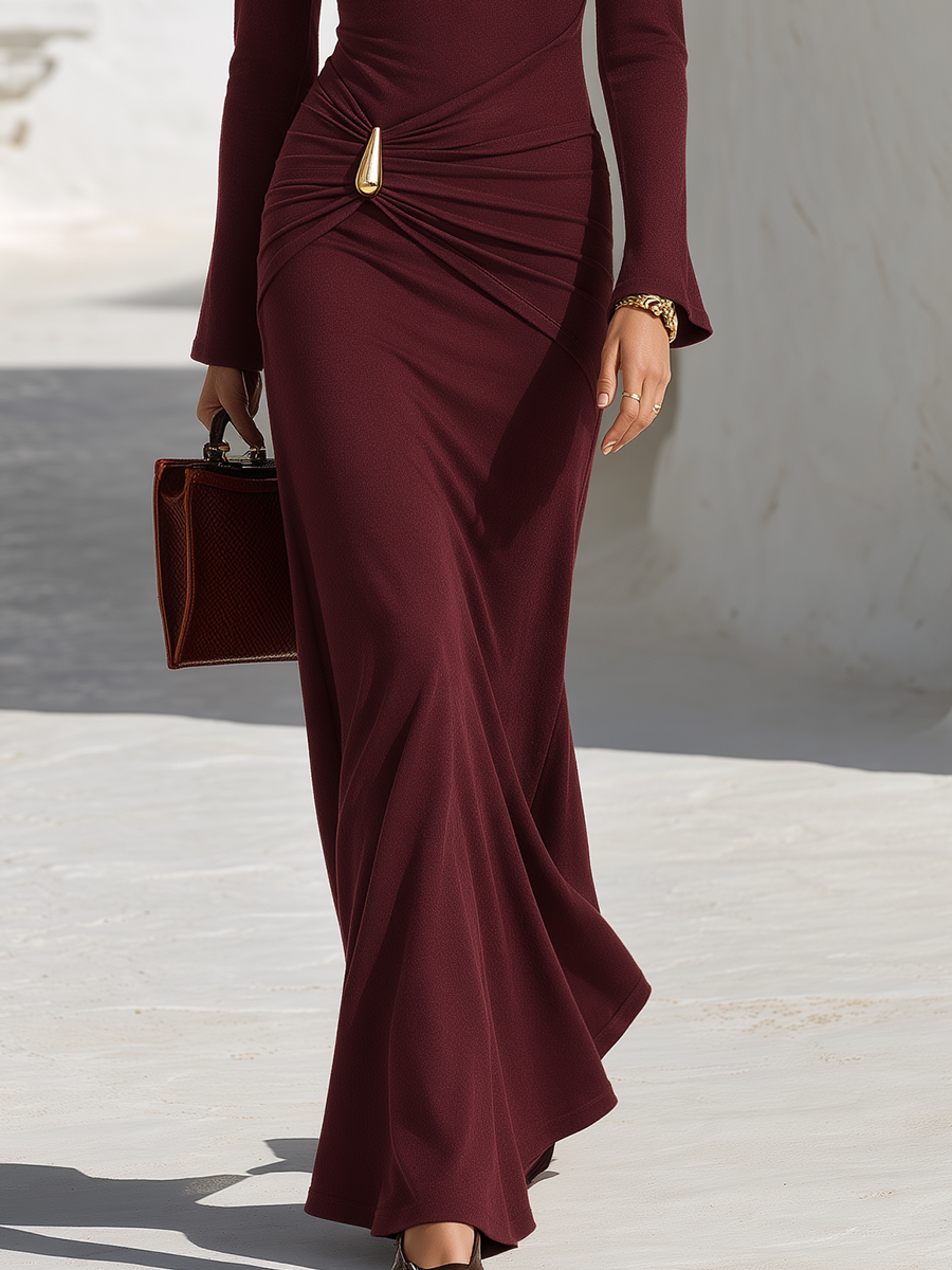 Resort-style Boat Neck Long-sleeved Pleated Solid Color Maxi Dress