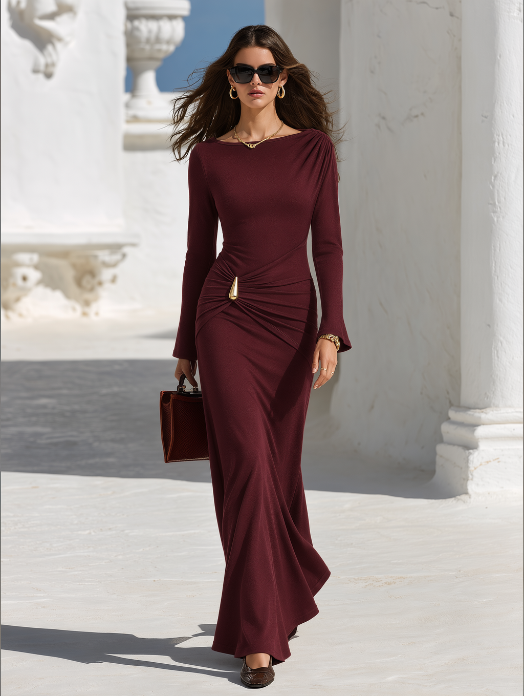Resort-style Boat Neck Long-sleeved Pleated Solid Color Maxi Dress