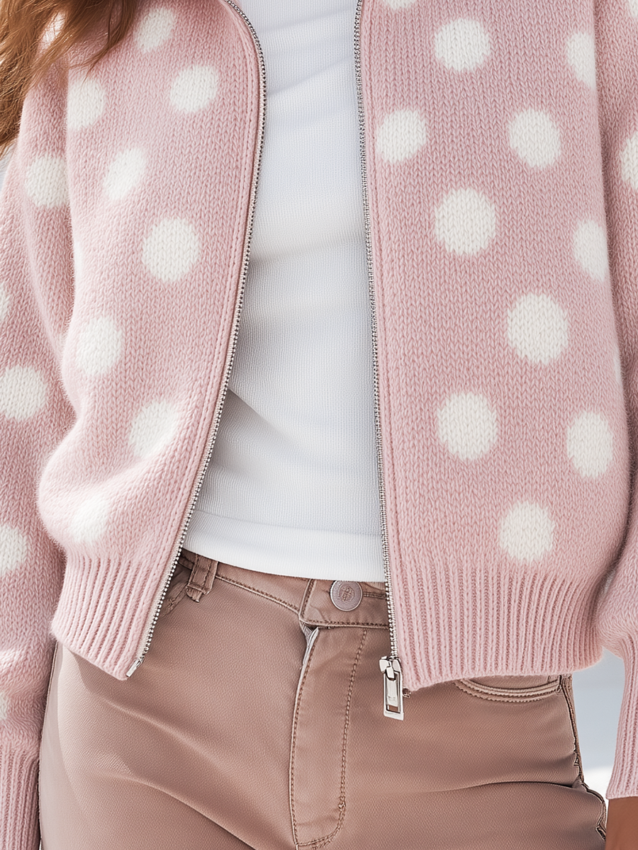 Resort-style Collared Long-sleeved Polka Dot Knit Cardigan