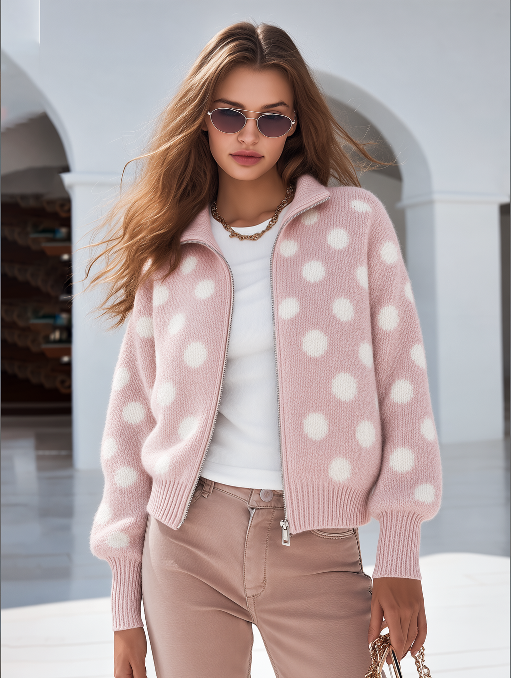 Resort-style Collared Long-sleeved Polka Dot Knit Cardigan