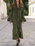 Resort-style V-neck Long-sleeved Solid Color Vertical Ruffles Maxi Dress