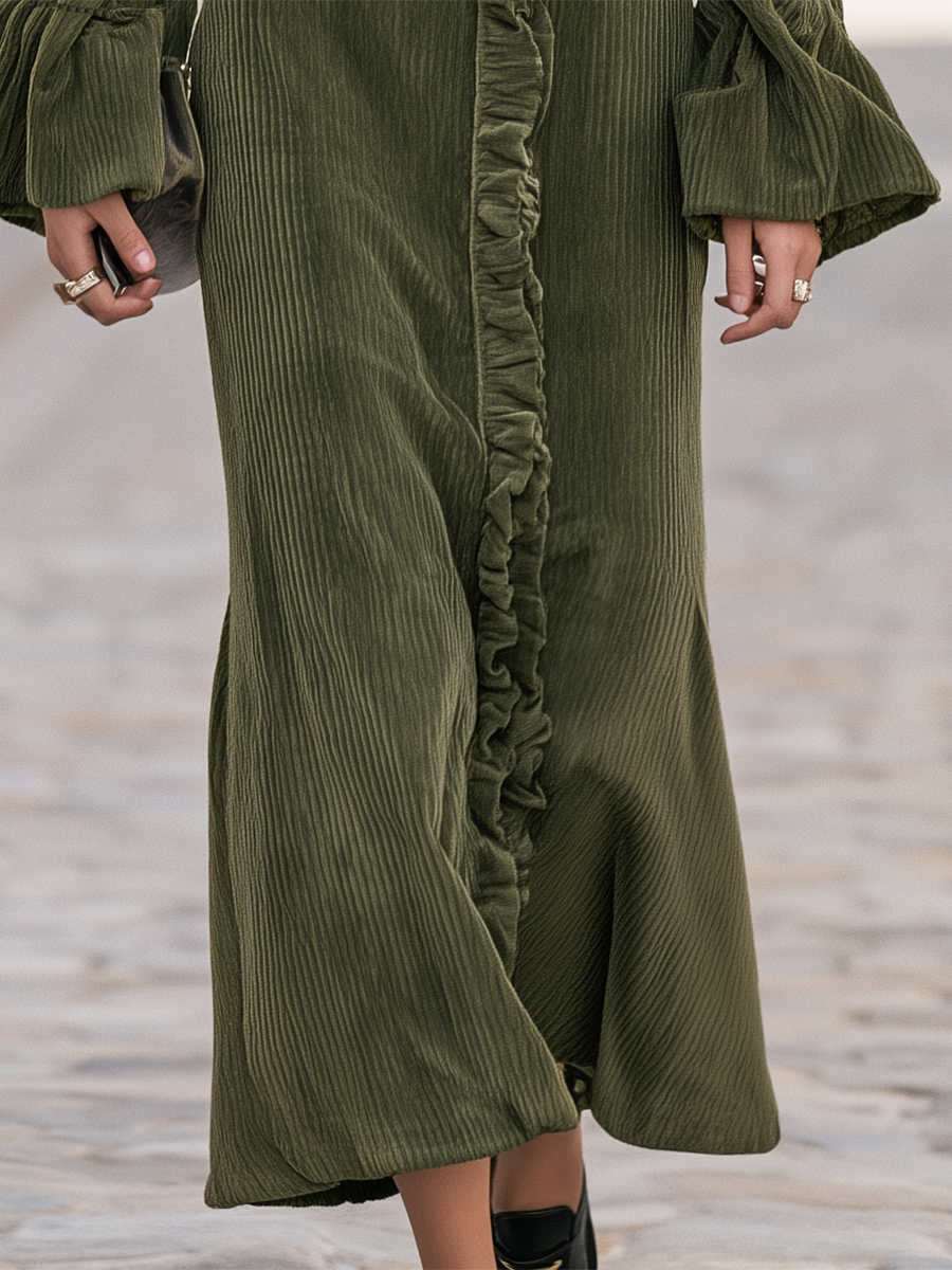 Resort-style V-neck Long-sleeved Solid Color Vertical Ruffles Maxi Dress