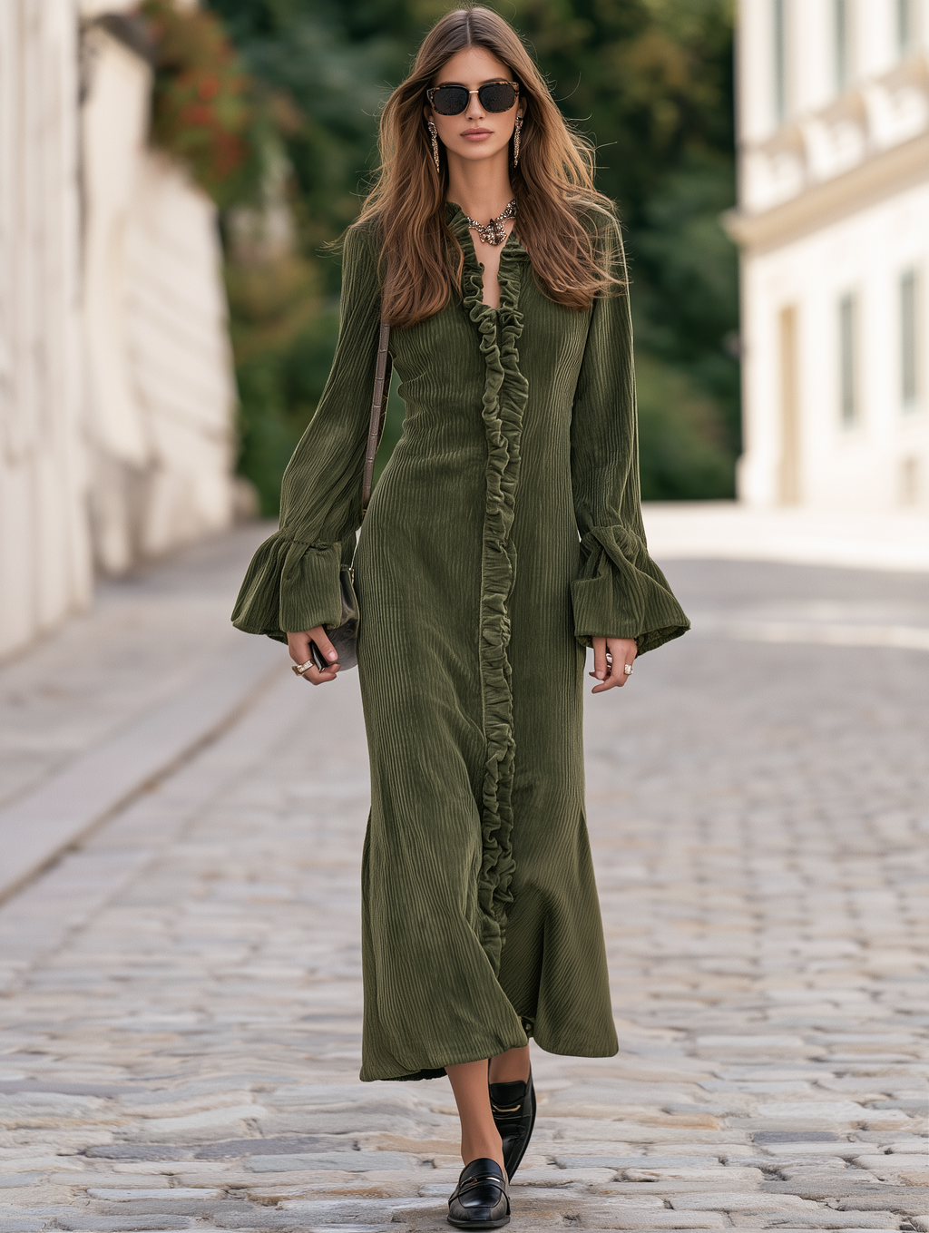Resort-style V-neck Long-sleeved Solid Color Vertical Ruffles Maxi Dress