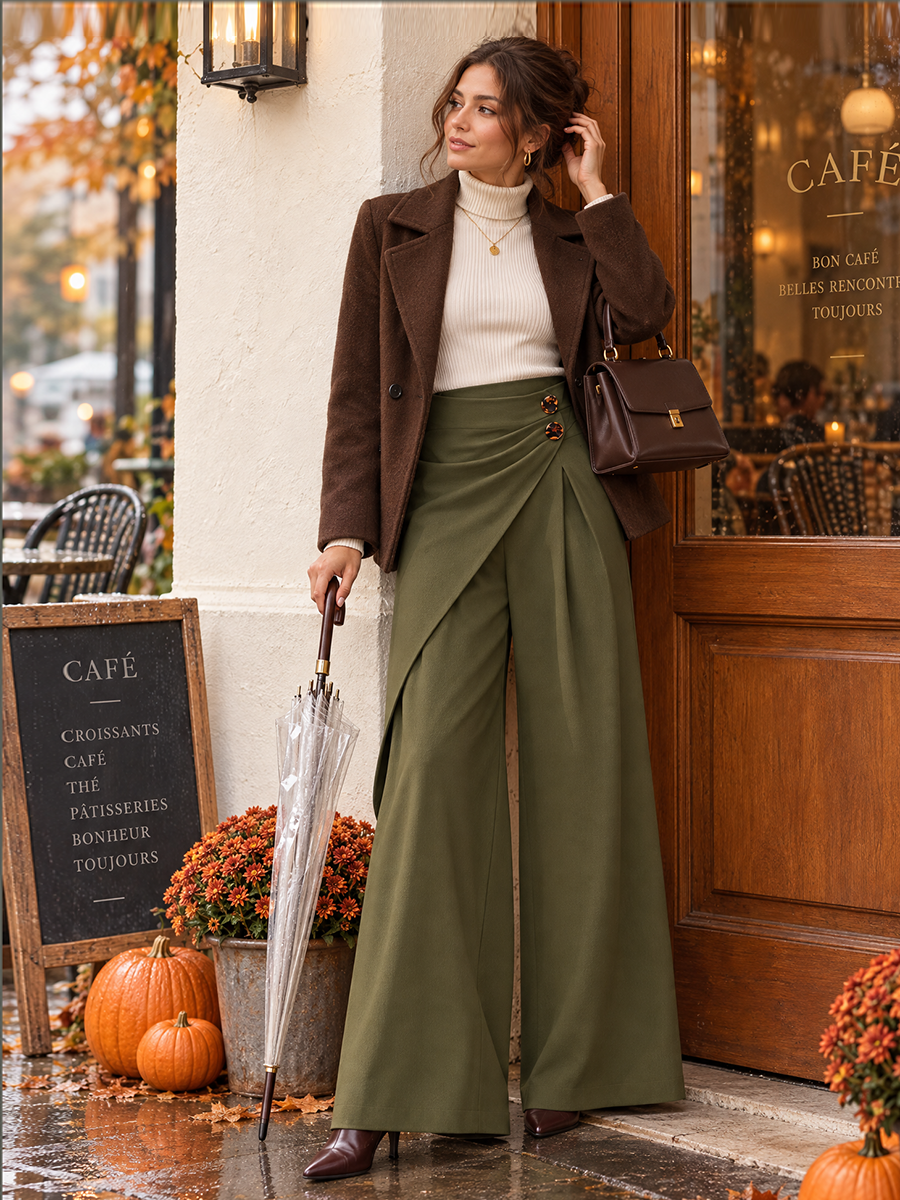 Olive Green Asymmetrical Wrap High-Waist Wide-Leg Pants