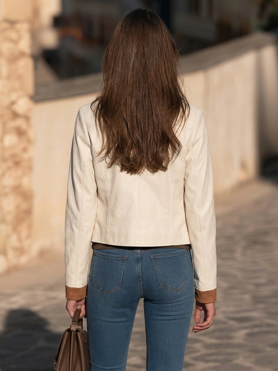 Casual Old Money Off White Faux Leather Suede Collar Biker Jacket