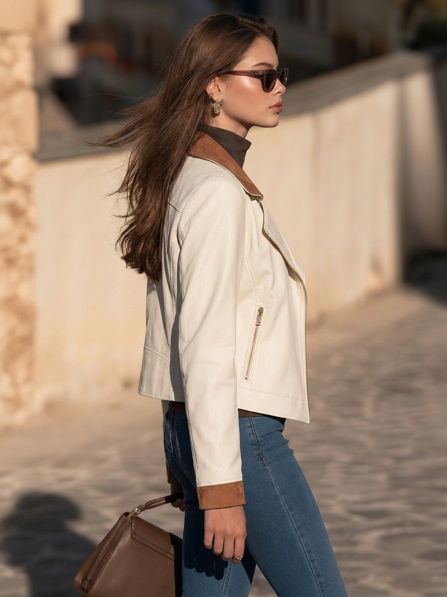 Casual Old Money Off White Faux Leather Suede Collar Biker Jacket