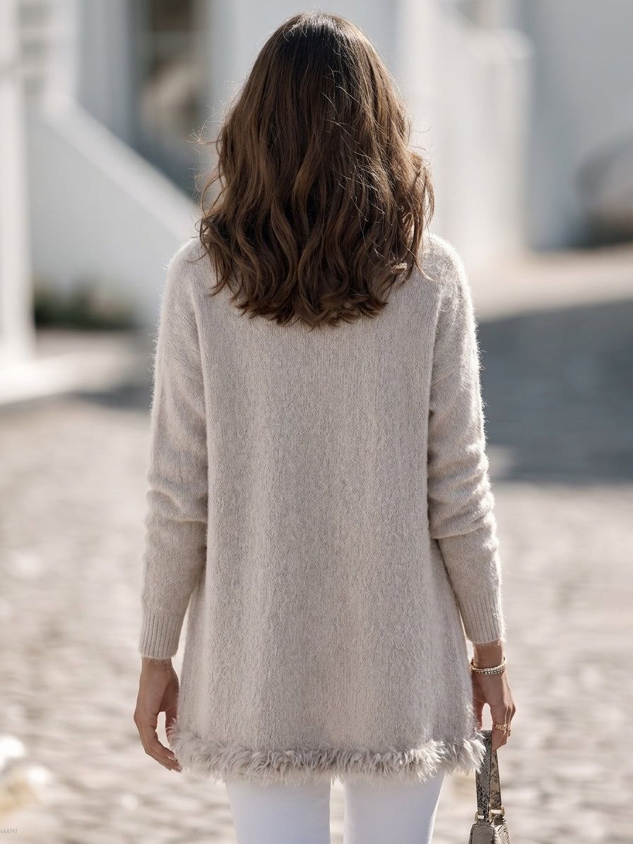 Soft Minimal Oatmeal Fuzzy Trim Open Front Knit Cardigan