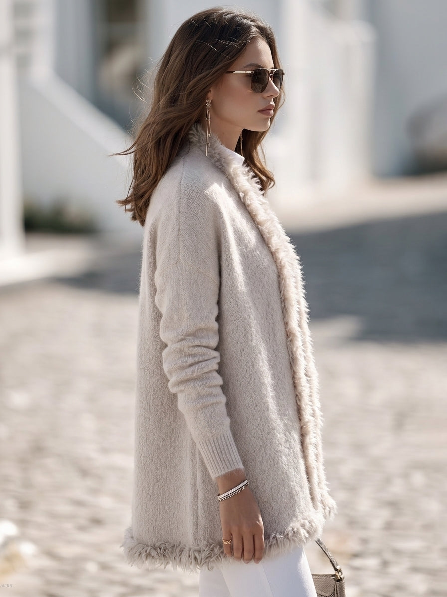 Soft Minimal Oatmeal Fuzzy Trim Open Front Knit Cardigan