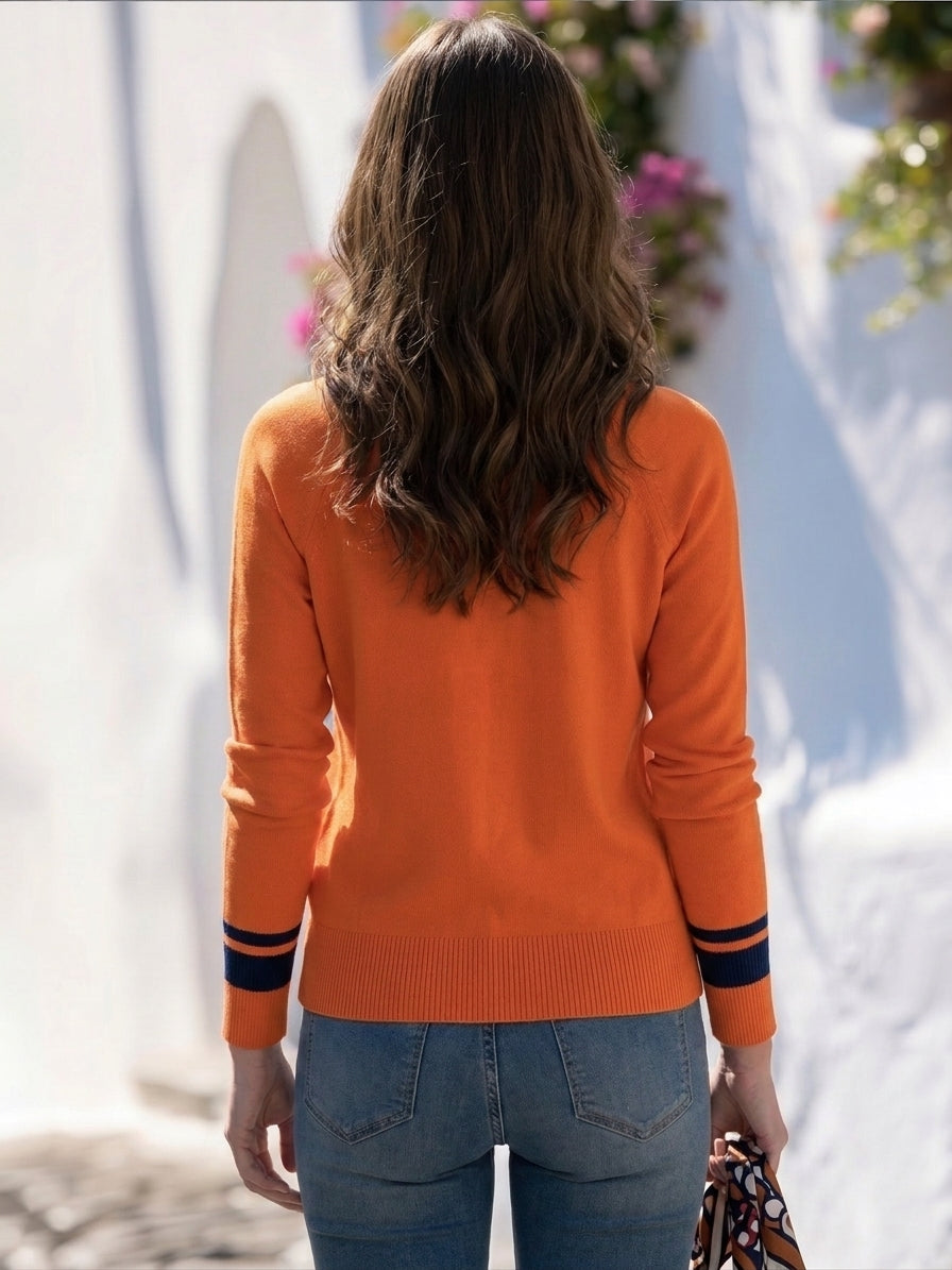 Preppy Casual Orange Navy Contrast Collar Knit Cardigan