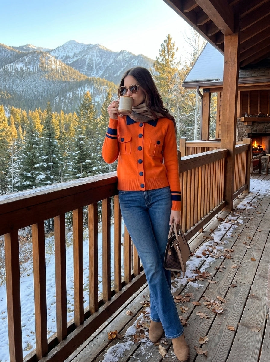 Preppy Casual Orange Navy Contrast Collar Knit Cardigan
