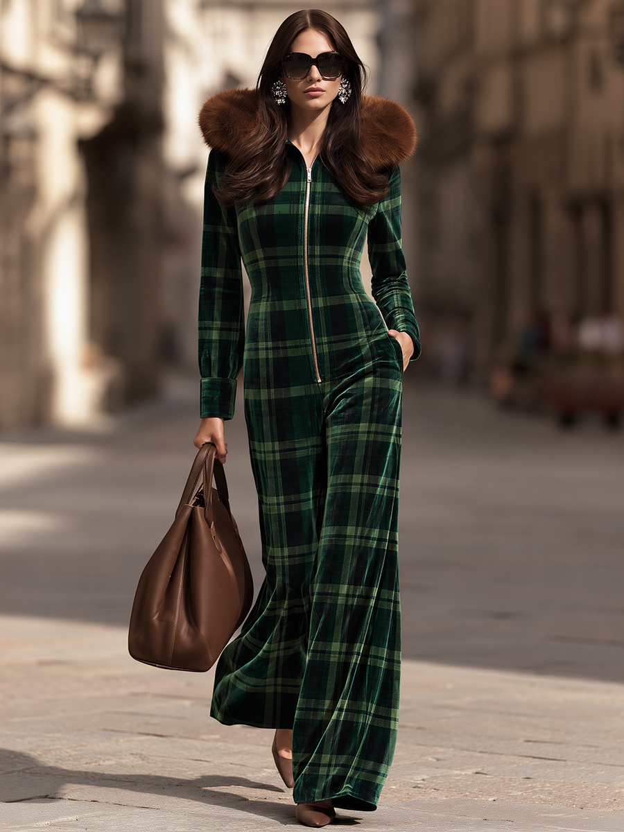 Retro Green Plaid Long Sleeve Zip Front Faux Fur-Trim Hood Wide Leg Velvet Jumpsuit