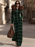 Retro Green Plaid Long Sleeve Zip Front Faux Fur-Trim Hood Wide Leg Velvet Jumpsuit
