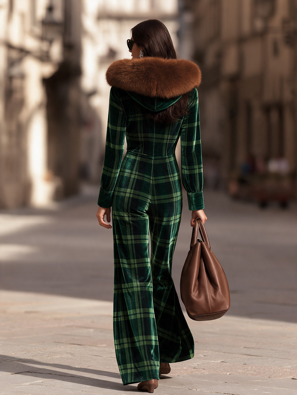Retro Green Plaid Long Sleeve Zip Front Faux Fur-Trim Hood Wide Leg Velvet Jumpsuit