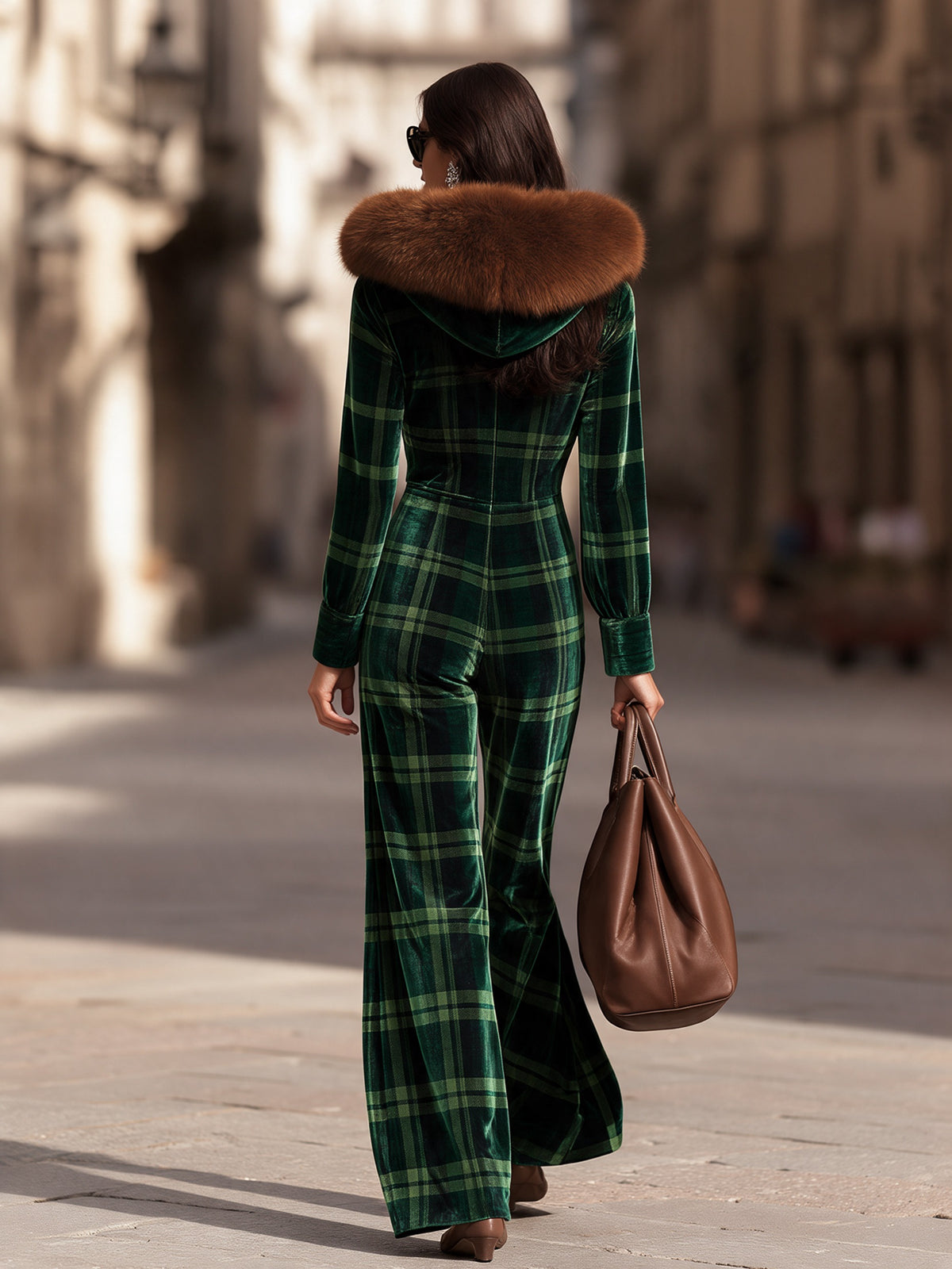 Retro Green Plaid Long Sleeve Zip Front Faux Fur-Trim Hood Wide Leg Velvet Jumpsuit
