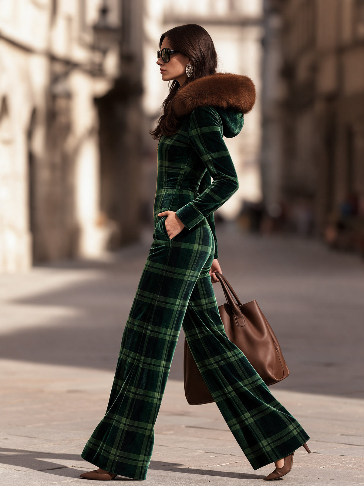 Retro Green Plaid Long Sleeve Zip Front Faux Fur-Trim Hood Wide Leg Velvet Jumpsuit