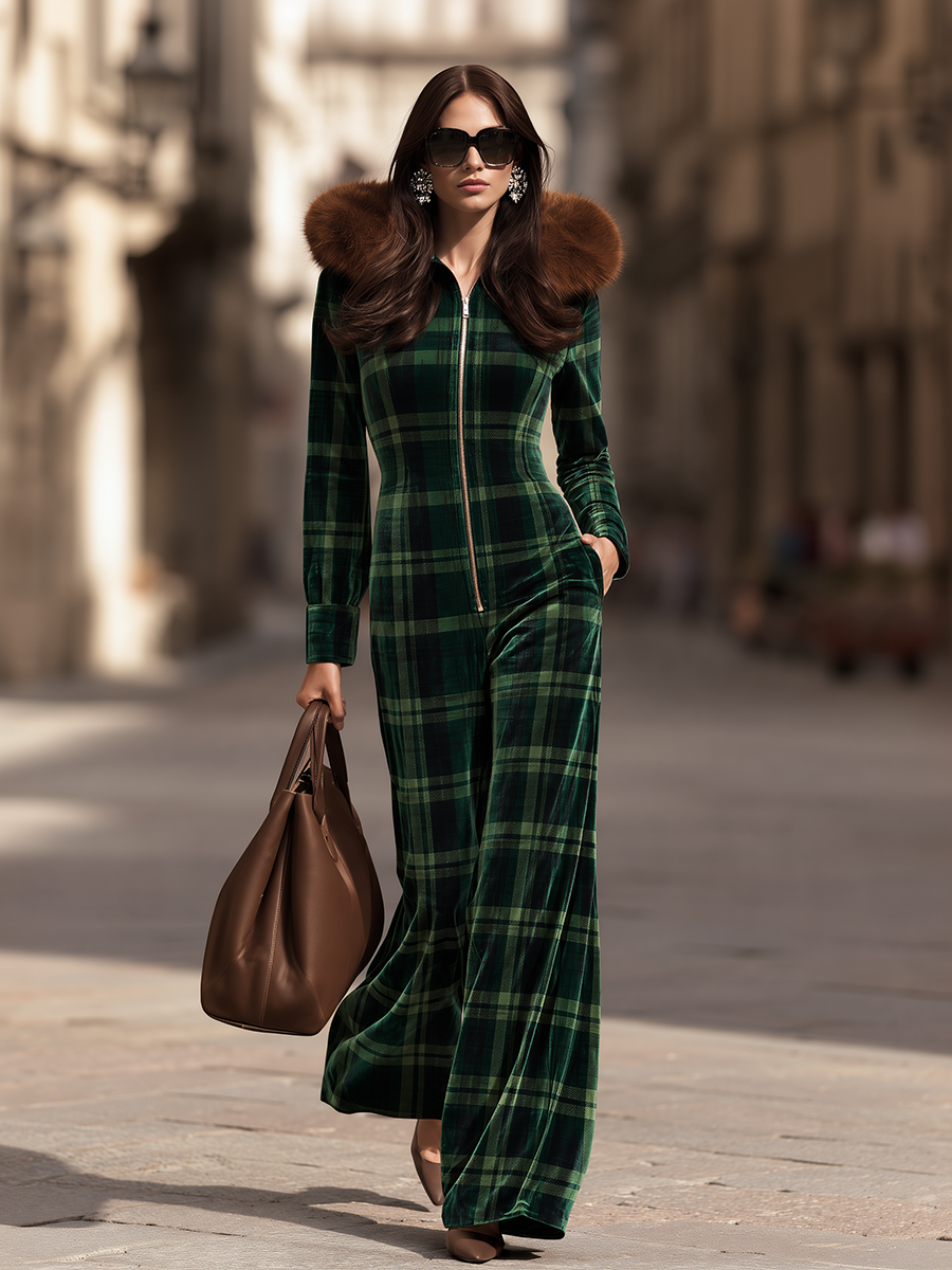 Retro Green Plaid Long Sleeve Zip Front Faux Fur-Trim Hood Wide Leg Velvet Jumpsuit