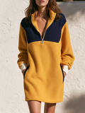 Casual-chic Stand-collar Colorblock Fleece Mini Dress