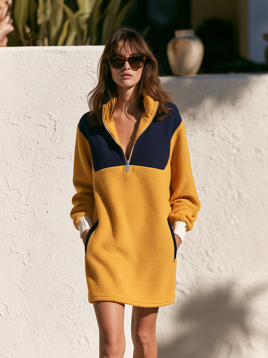 Casual-chic Stand-collar Colorblock Fleece Mini Dress