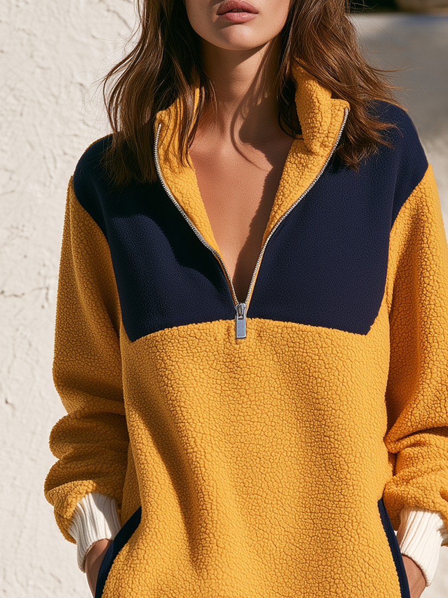Casual-chic Stand-collar Colorblock Fleece Mini Dress