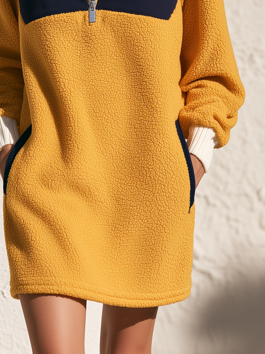 Casual-chic Stand-collar Colorblock Fleece Mini Dress