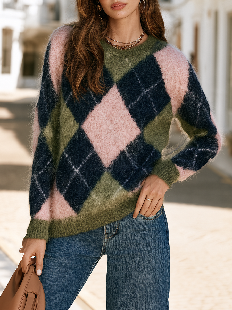 Pink Green Navy Argyle Plaid Crew Neck Fuzzy Mohair Blend Long Sleeve Sweater