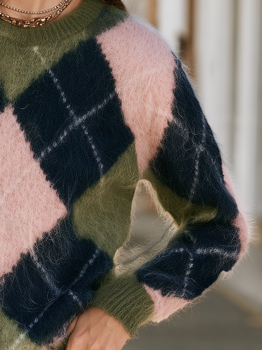 Pink Green Navy Argyle Plaid Crew Neck Fuzzy Mohair Blend Long Sleeve Sweater